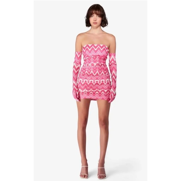 Miscreants Pink Zig Zag Strapless Mini Dress w Matching Gloves US 10/ UK 12 - Picture 1 of 8